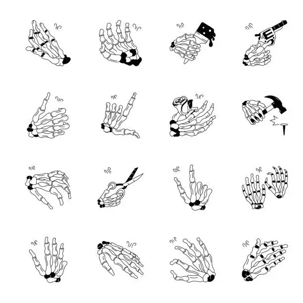 Vector illustration of Bundle of Skeleton Bone Hands Doodle Icons