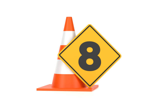 Traffic Cone And Traffic Sign With Number 8 On White Background