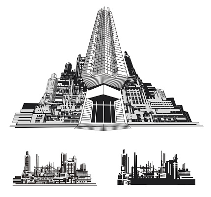 Vector company buildings, city and factory skylines