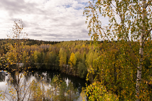 Autumn landscape in Ruskeala Mountain Park in Karelia.