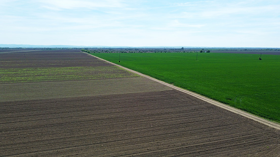 Drone photography of agriculture fields and farm buildings during spring sunny day