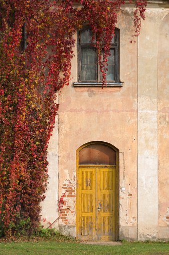 Front of aged house with cracked wall, autumn vibes