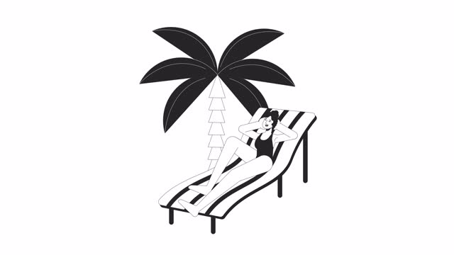 Woman sunbathing on beach bw outline cartoon animation