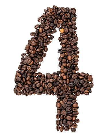 Number 1 made from roasted coffee beans on white isolated background. Caffeine typeface.