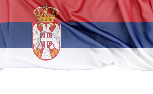 Flag of Serbia isolated on white background with copy space below. 3D rendering