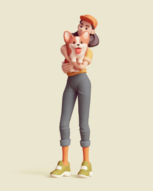 istock 3d render girl holds fluffy playful corgi dog. 2148802310