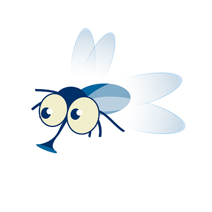 Cute little cartoon fly insect in blue with big googly eyes and a protruding proboscis. Vector