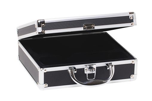 Closeup of a opened empty small black silver equipment case or suitcase with a latch isolated on a white background.