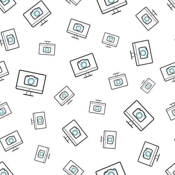 ilustrações de stock, clip art, desenhos animados e ícones de desktop computer with camera. seamless pattern. line icons on white background - conference call flash