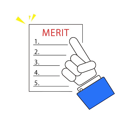 Business man’s hand pointing at list for merit