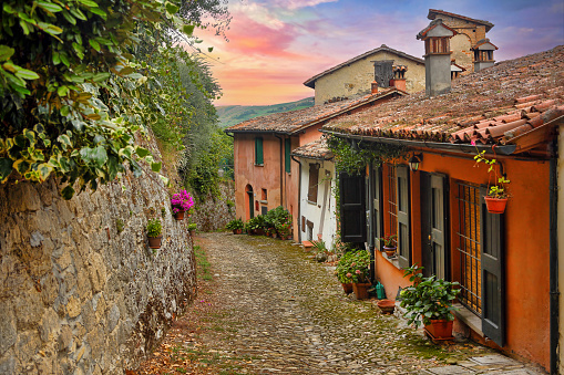 Beautiful and colorful street in the Tuscan countryside, Italy