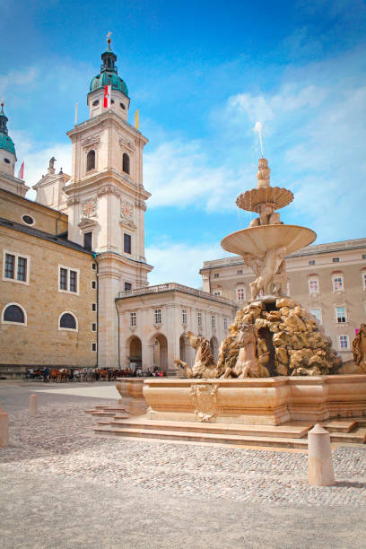 Residenzplatz with Salzburg Cathedral and baroque fountain in the old town centre (Altstadt) of Salzburg