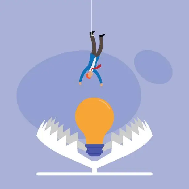 Vector illustration of Businessman reaches for an idea or light bulb in trap