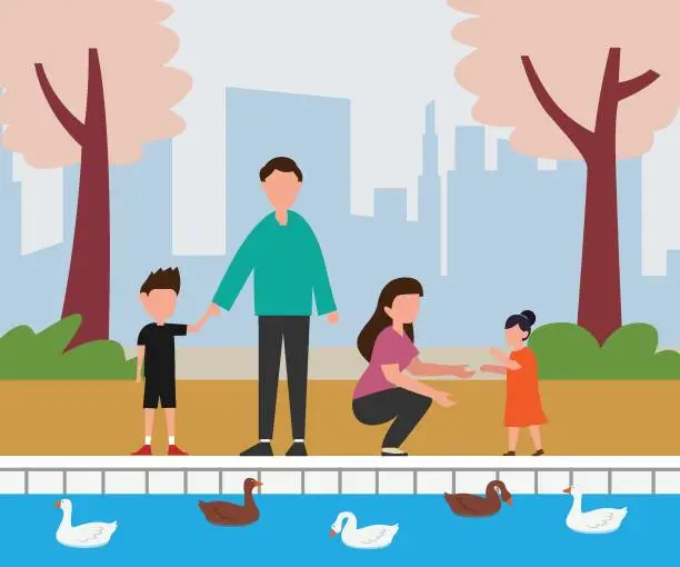 Vector illustration of Happy family with kids in city park, feeding ducks in pond water