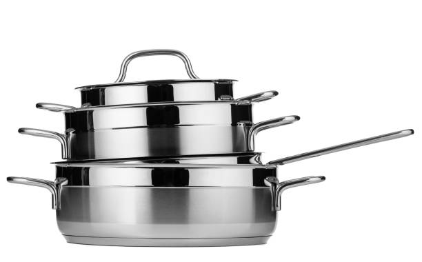 Set of stainless steel dishware isolated on white background