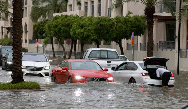 Flooded residential areas of Dubai after heavy downpour stock photo