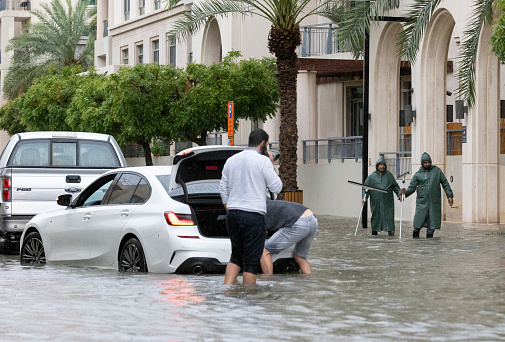 Dubai, United Arab Emirates, 16th April 2024: flooded streets of popular residential area in Dubai after a heavy downpour
