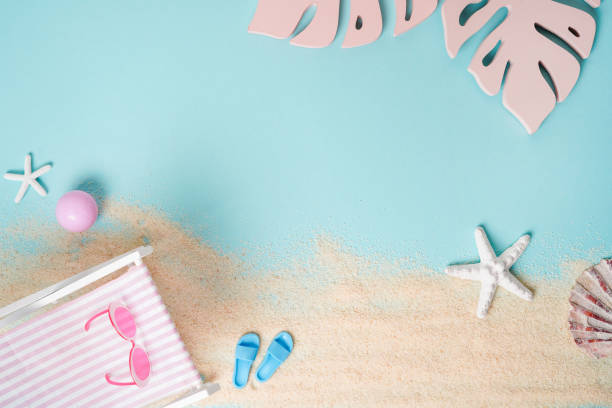 istock beach background in pastel colors with beach accessories, sun lounger, slippers, starfish, sunglasses, copy space 2148806837