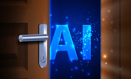 Artificial intelligence (AI) logo behind opened light brown door. (Used clipping mask)