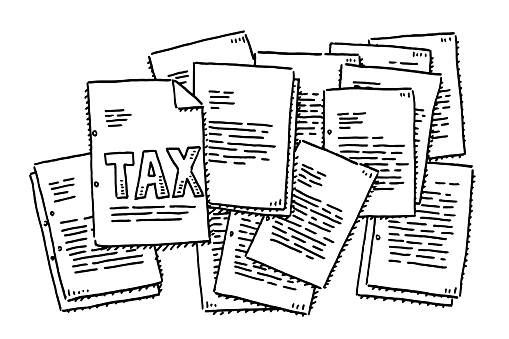 Hand-drawn vector drawing of a Chaos of Tax Documents. Black-and-White sketch on a transparent background (.eps-file). Included files are EPS (v10) and Hi-Res JPG.
