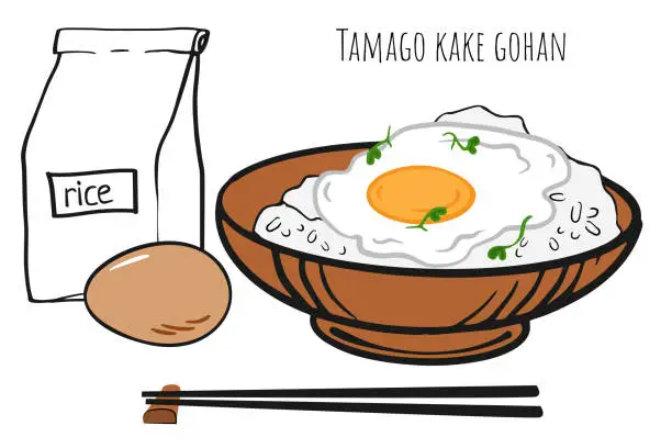 Vector illustration of Tamago kake gohan ingredients. Japanese traditional egg, rice dish. Vector doodle asian breakfast illustration  isolated on white for menu restaurant, cafe, poster, flyer, cookbook, coupon design