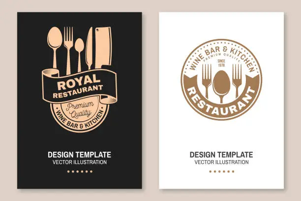 Vector illustration of Royal Restaurant poster design. Vector Illustration. Vintage graphic design for logotype, label, badge with crown, plate, kitchen knife, fork and spoon. Cooking, cuisine logo for menu restaurant or cafe.