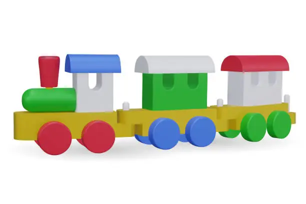 Vector illustration of 3d toy train. Vector illustration. Kids toys train, locomotive on rails. Most classic toys in the past.