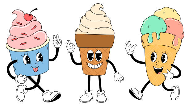 1788_groovy_icecream Groovy ice cream set. Hand draw Funny dessert mascot in retro style for caffe. Vector doodle comic collection frost face stock illustrations