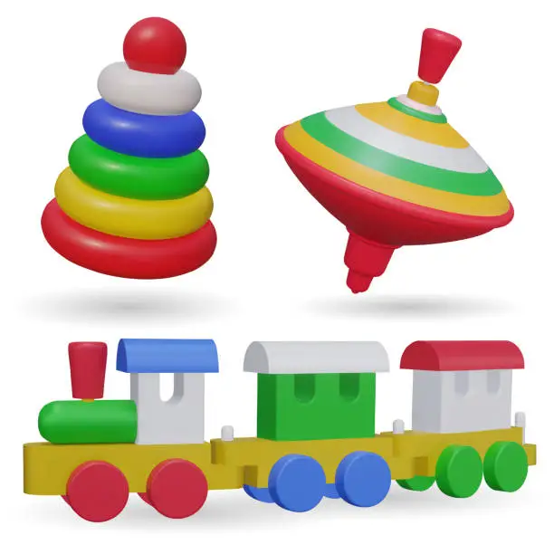 Vector illustration of Set of retro kinds Toys. Colored rotated games for kids gyroscope twirl, train, locomotive on rails, pyramid. 3d Vector illustration. Most classic toys in the past.