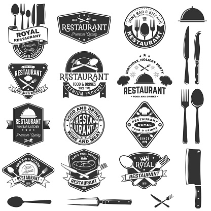 Set of Restaurant logo. Vector Illustration. Vintage graphic design for logotype, label, badge with plate, steak, cloche with lid, fork and knife. Cooking, cuisine logo for menu restaurant or cafe