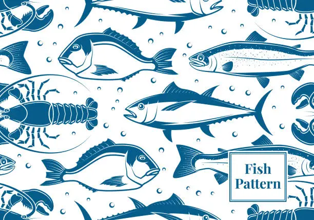 Vector illustration of Fish retro styled seamless pattern. Vector illustration. Fish underwater. Blue and White Nautical Design. Fabric, textile, wallpaper with tuna fish.