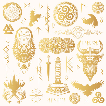 Golden Viking runes and symbols collection. Big hand drawn isolated set of pagan norse sign vegvisir, fenrir, valknut, viking head in a helmet, shields and crossed axes, Thor’s  hammer, ravens