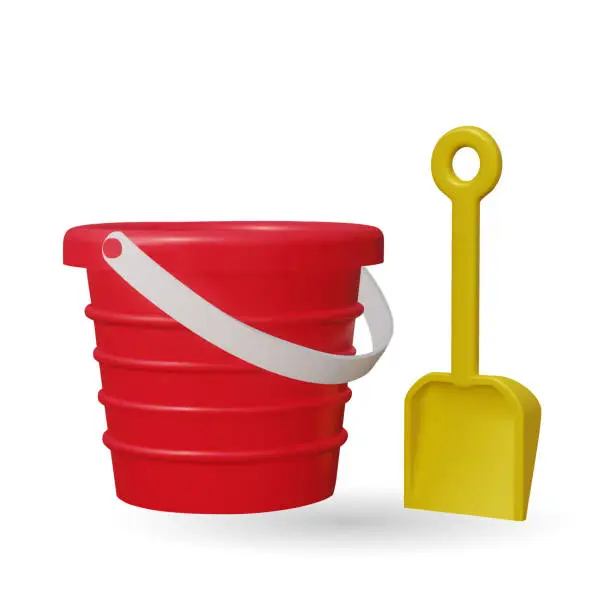 Vector illustration of A red plastic bucket and a yellow shovel 3d kids toys. Vector illustration. Toy plastic bucket and a yellow shovel gift for kids. Most classic toys in the past.