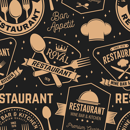 Restaurant seamless pattern or background. Vector Illustration. Fabric, textile, wallaper with plate, cloche with lid, fork and knife
