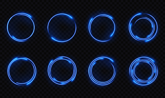 Collection of vector blue neon circle frames on a dark background with a transparent glow effect. Design element with neon electric light.