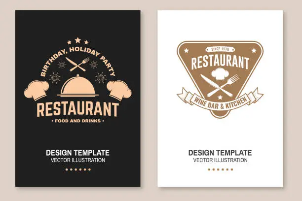 Vector illustration of Restaurant poster design. Vector Illustration. Vintage graphic design for logotype, label, badge with chef hat, fork and knife. Cooking, cuisine logo for menu restaurant or cafe.