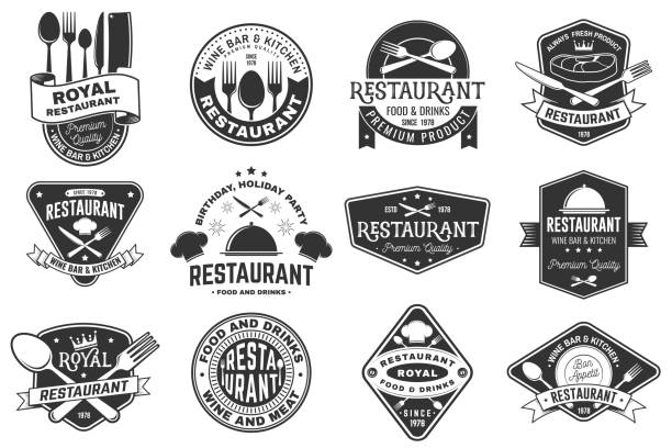 Set of Restaurant logo. Vector Illustration. Vintage graphic design for logotype, label, badge with plate, steak, cloche with lid, fork and knife. Cooking, cuisine logo for menu restaurant or cafe