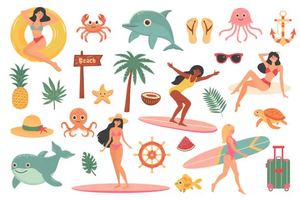 Vector illustration of Nautical beach set. Surfing, cute sea animals, women in swimsuits, summer items, exotic plants.