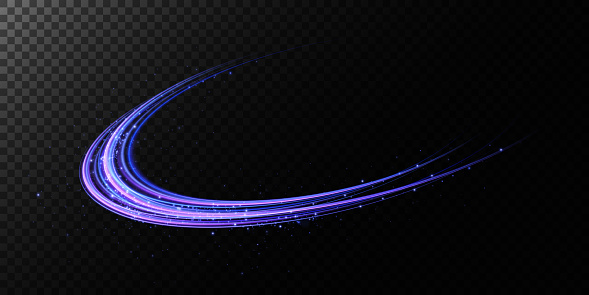 Abstract light lines of movement and speed with purple color sparkles. Light everyday glowing effect. semicircular wave, light trail curve swirl, car headlights, incandescent optical fiber.