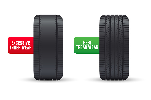 Tire tread problems. Concept of tire tread problems and solutions. Broken tire. Worn black tire tread. Change the tire immediately. Top view. Vector illustration