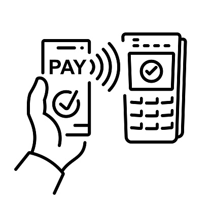 Contactless pay, pos terminal, and phone. Cashless payment icon. NFC concept. Non-cash payment transactions. Financial transactions payment system. Vector illustration flat line design.