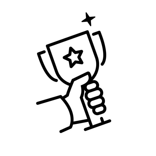 Winning cup in hand black line icon. Award bowl. Vector illustration. Winning cup in hand black line icon. Symbol of success silhouette, winning pictogram, championship. Gold trophy. Award bowl. Vector illustration flat design. Leadership concept. winners cup icon stock illustrations