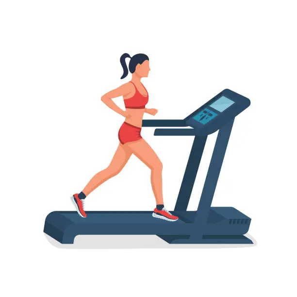 Vector illustration of Woman on treadmill. Running simulator. Gym tool. Running woman.