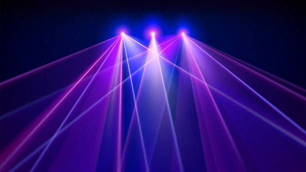 istock Laser light show. Bright led laser beams, dj light party. Illuminated blue pink stage, led strobe lights. Background, backdrop for displaying products. Vector illustration 2148812345