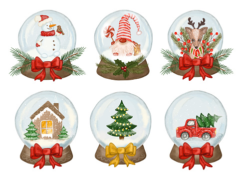 Set of Christmas snow globe with decoration, tree, house, red truck, deer . Vector illustration