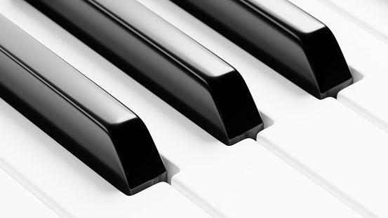 Piano keyboard close up view of black and white keys. Musical background. 3D illustration