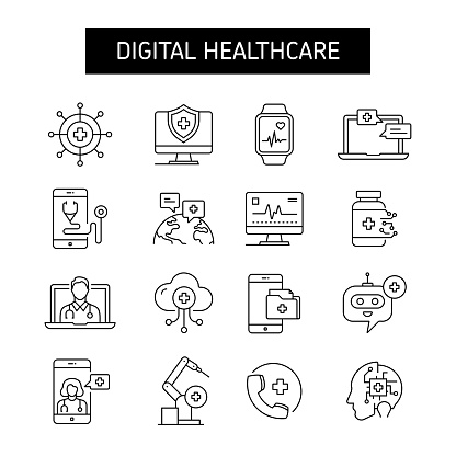 Digital Healthcare Line Icon Set. Telemedicine, Technology, Connection.