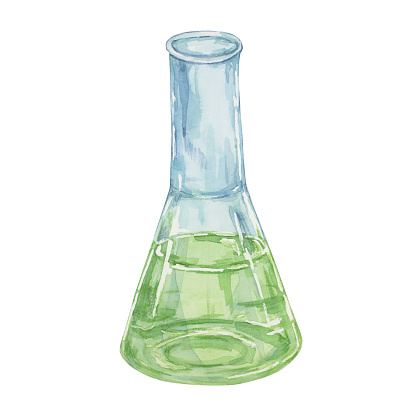 Erlenmeyer conical flask with green transparent liquid. Flat bottom glassware isolated watercolor clipart, Cylinder glassware clipart for educational illustration in school lab, pharmaceutical science