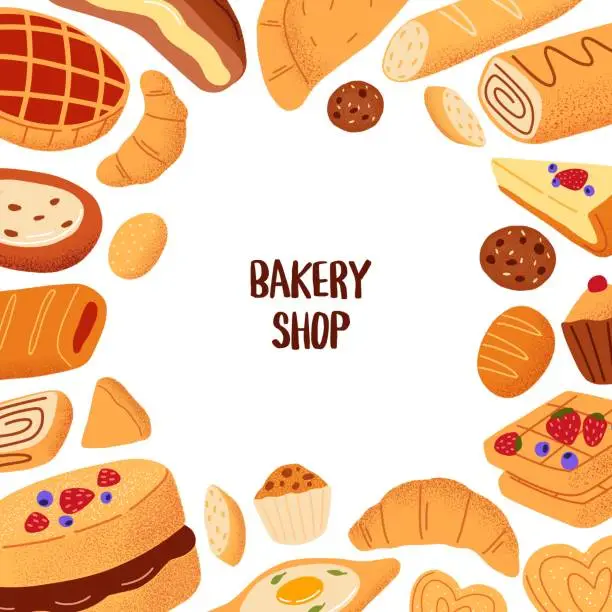 Vector illustration of Card with frame of different bakery products: bread, cake, croissants, pie, cupcake. Place for text with border of baked flour food, fresh pastry, desserts around. Bakehouse. Flat vector illustration