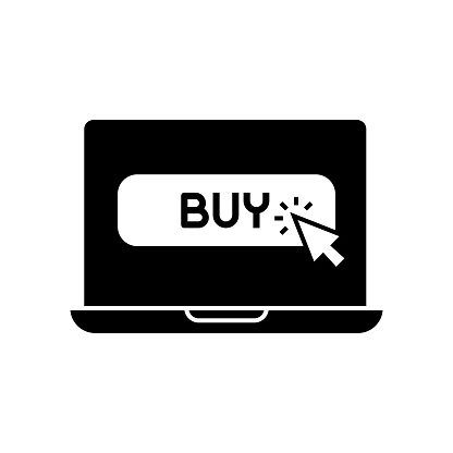 Buy Button on Laptop Screen Solid Icon Design. Suitable for Infographics, Web Pages, Mobile Apps, UI, UX, and GUI design.